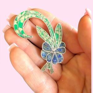 Sterling Silver 925 Mexico Vintage Floral Inlay Brooch - Turquoise & Blue